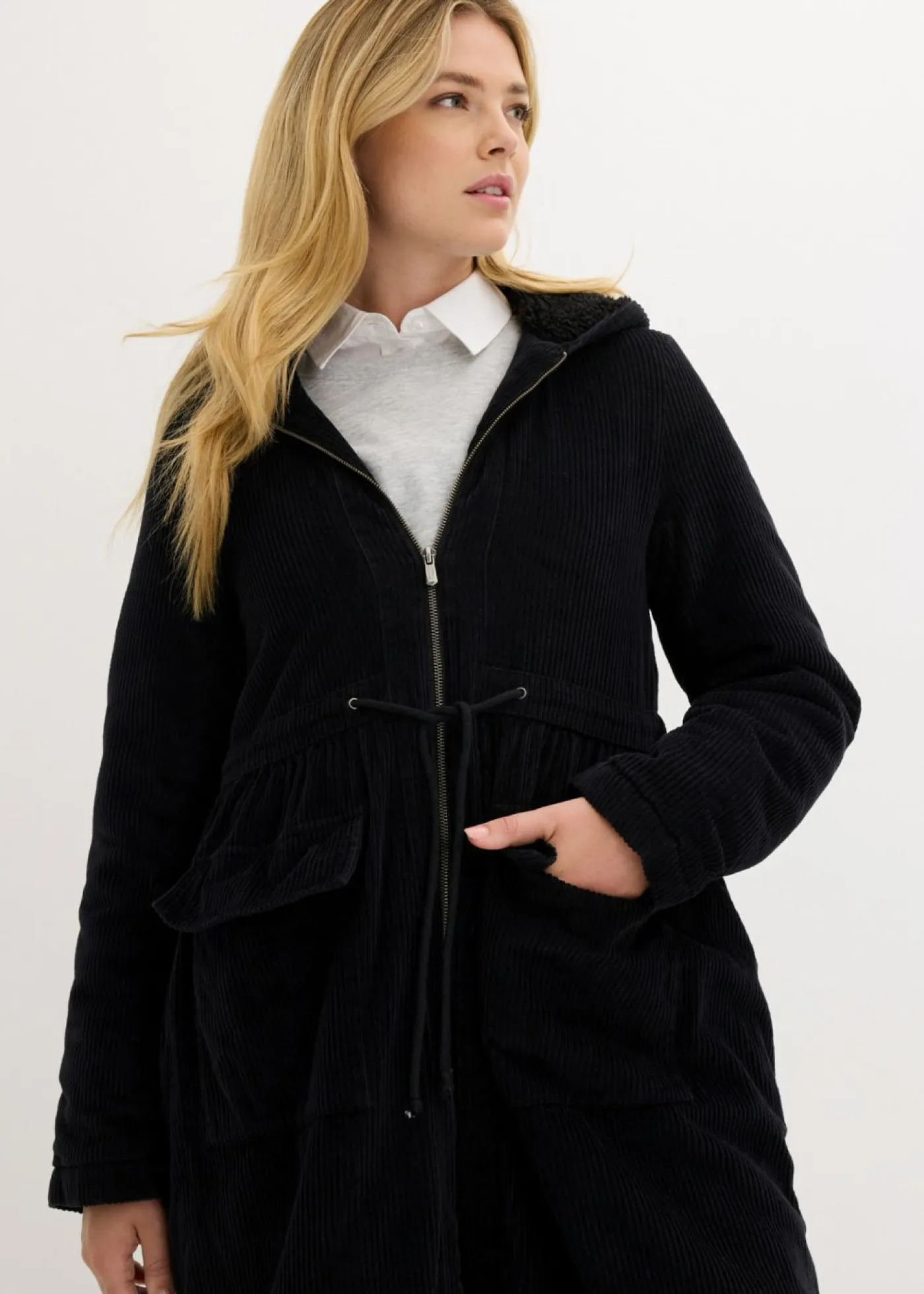 Best Abrigo de pana de algodón puro con capucha de pelo Mujer Chaquetas Y Abrigos
