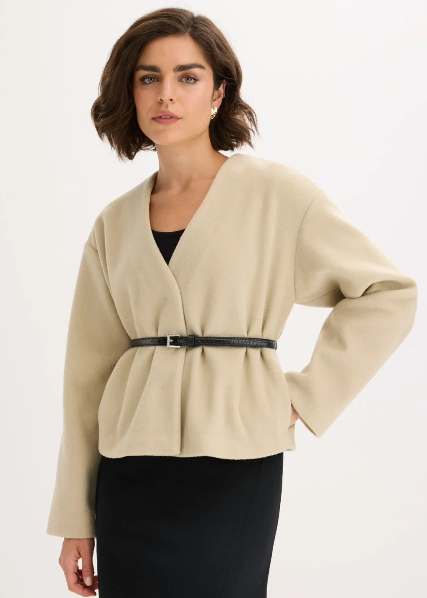 Clearance Americana oversized con cinturón en efecto lana, sin forro Mujer Blazers