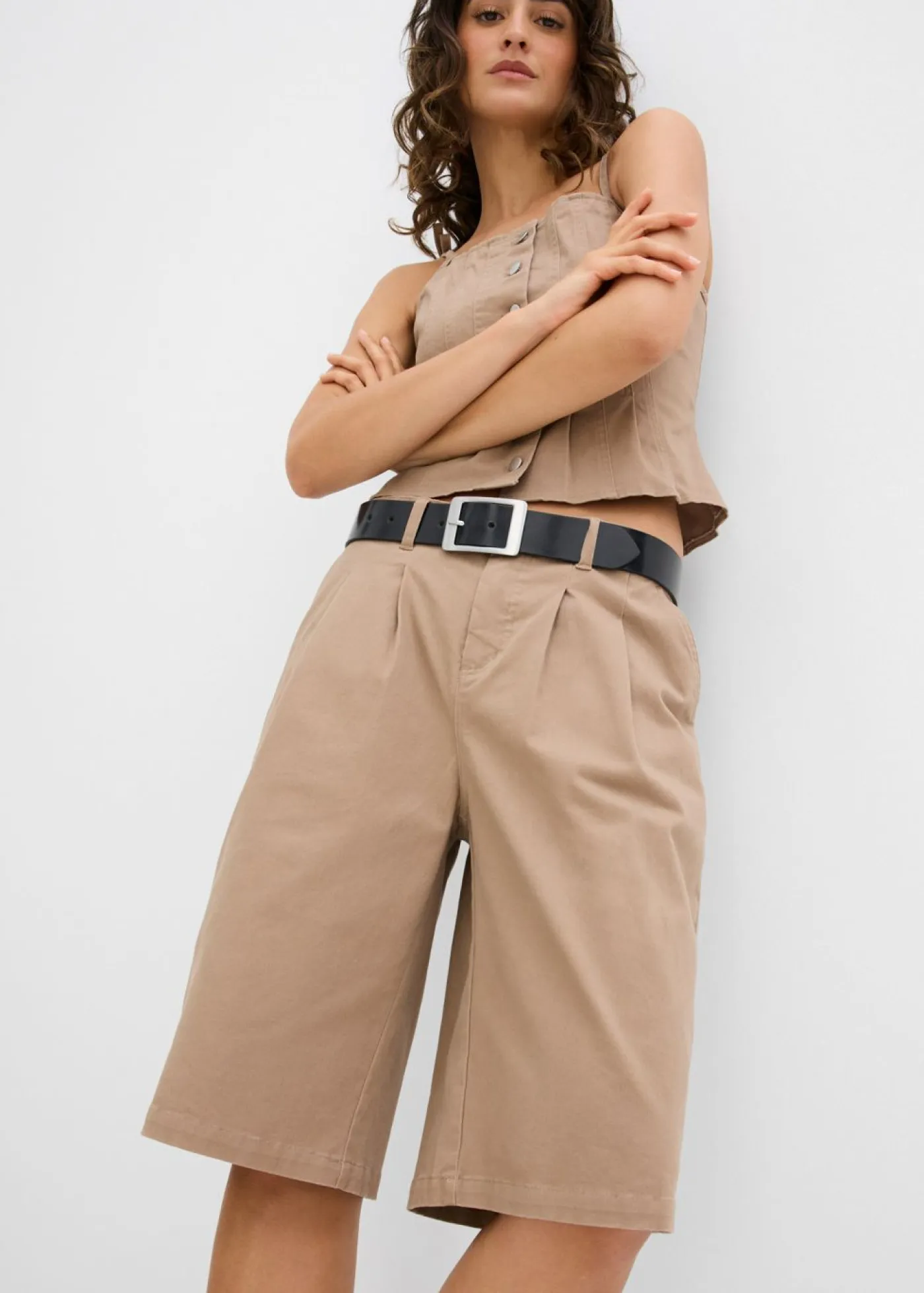 New Bermudas largas de mezcla de algodón elástico Mujer Conjuntos De Ropa|Shorts