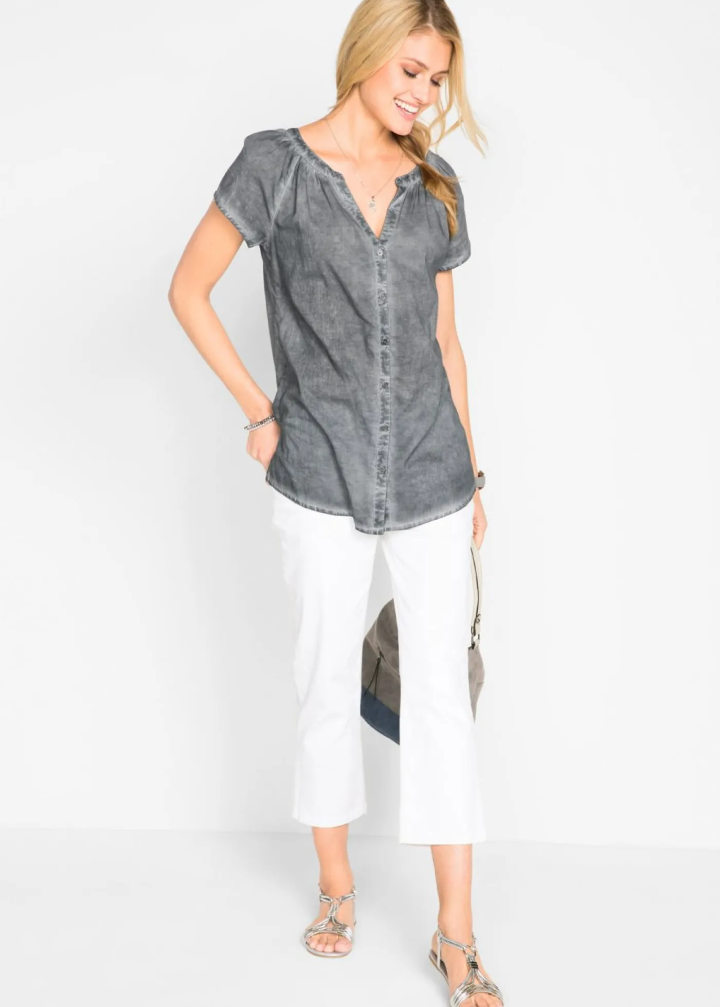 Blusa cold-dye de manga corta en algodón sostenible Mujer Camisas Y Blusas