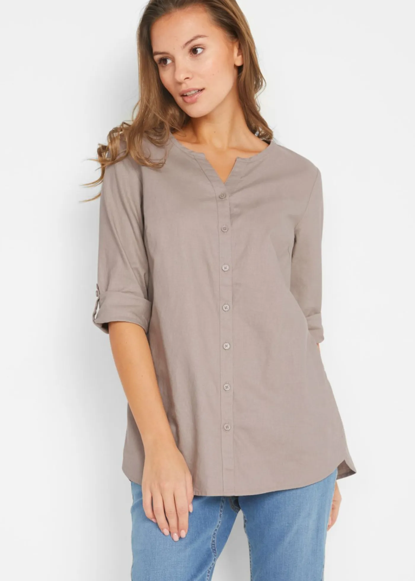 Blusa con lino y mangas 3/4 Mujer Camisas Y Blusas|Novedades