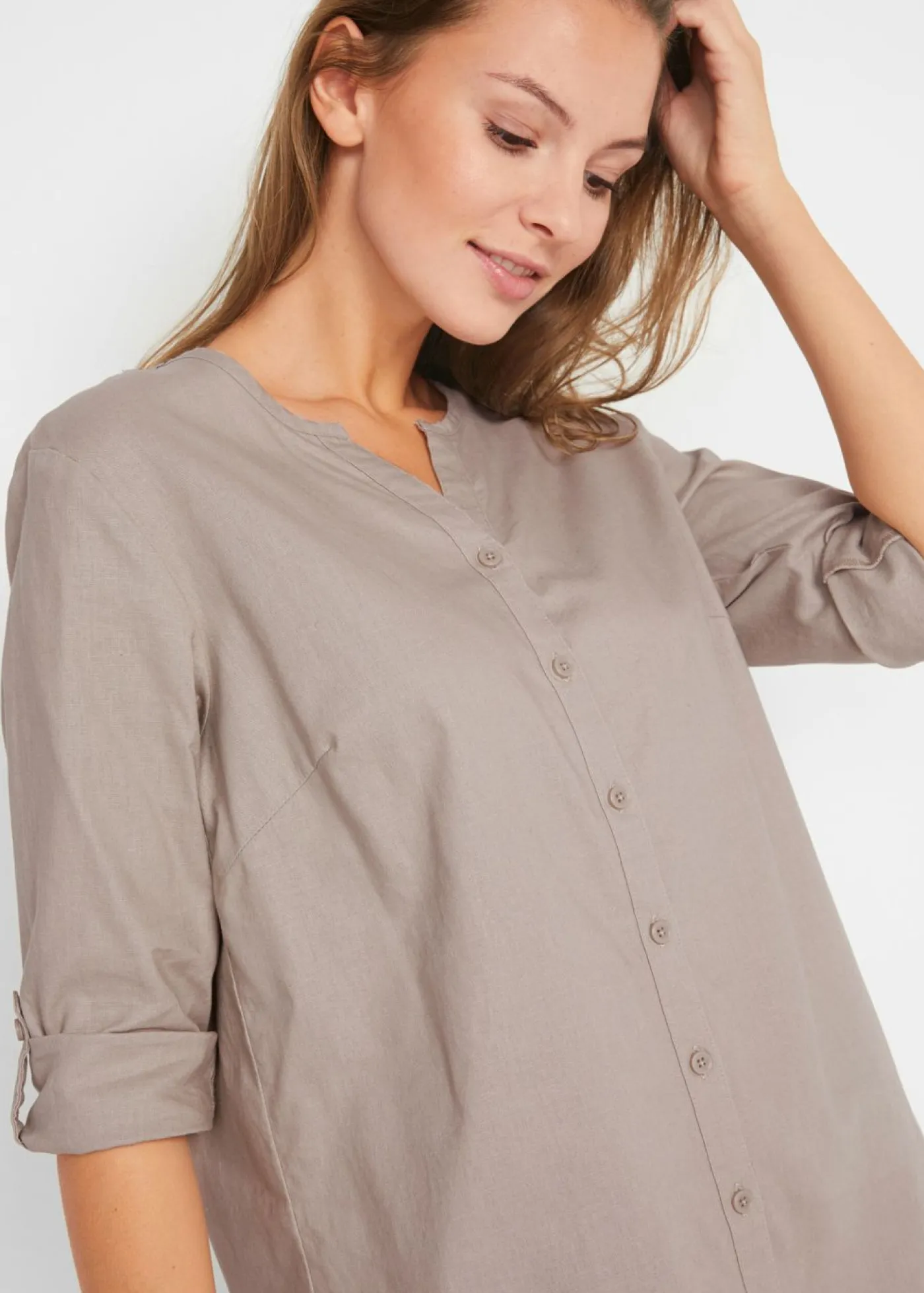 Blusa con lino y mangas 3/4 Mujer Camisas Y Blusas|Novedades