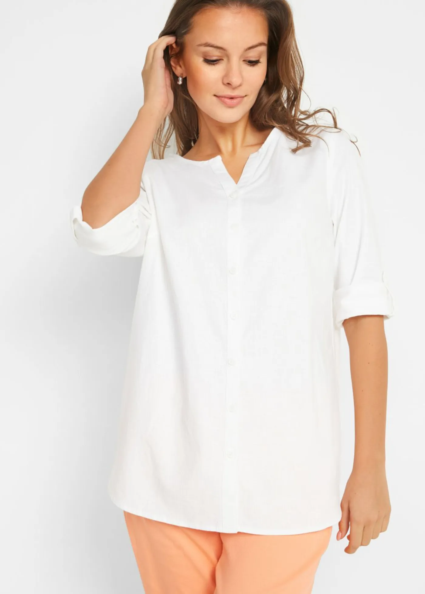 Hot Blusa con lino y mangas 3/4 Mujer Camisas Y Blusas|Novedades