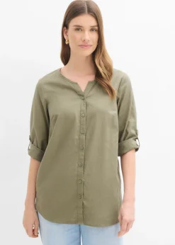 Clearance Blusa con lino y mangas 3/4 Mujer Camisas Y Blusas|Novedades
