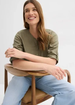 Clearance Blusa con lino y mangas 3/4 Mujer Camisas Y Blusas|Novedades