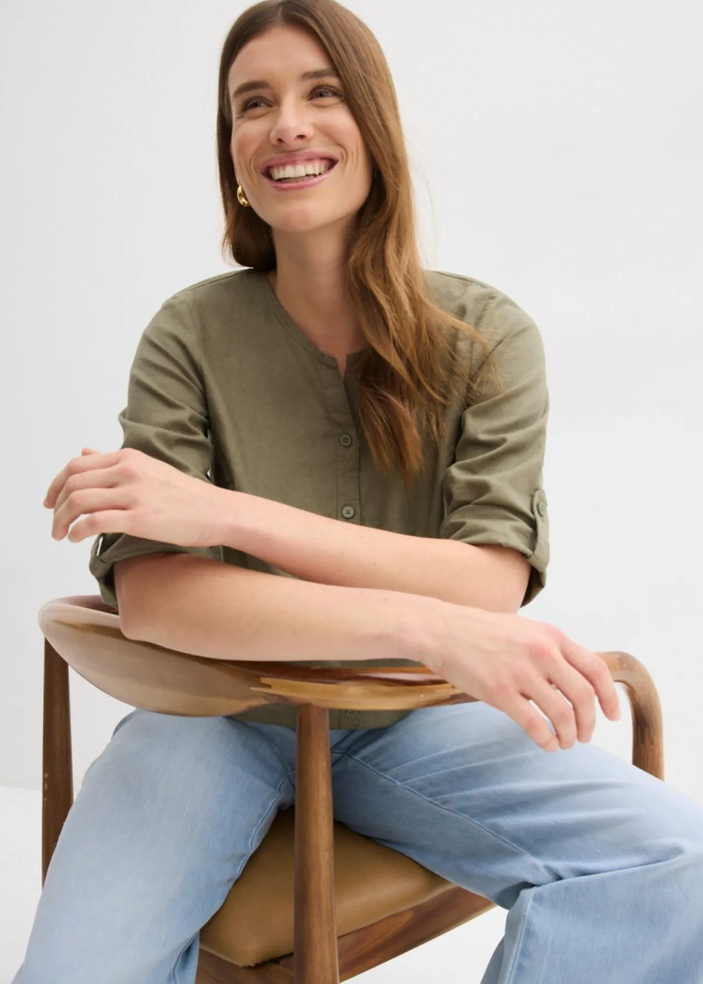 Clearance Blusa con lino y mangas 3/4 Mujer Camisas Y Blusas|Novedades