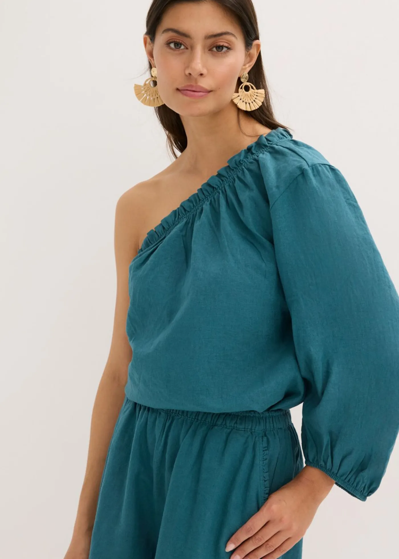 New Blusa con un hombro al descubierto y contenido de lino Mujer Camisas Y Blusas