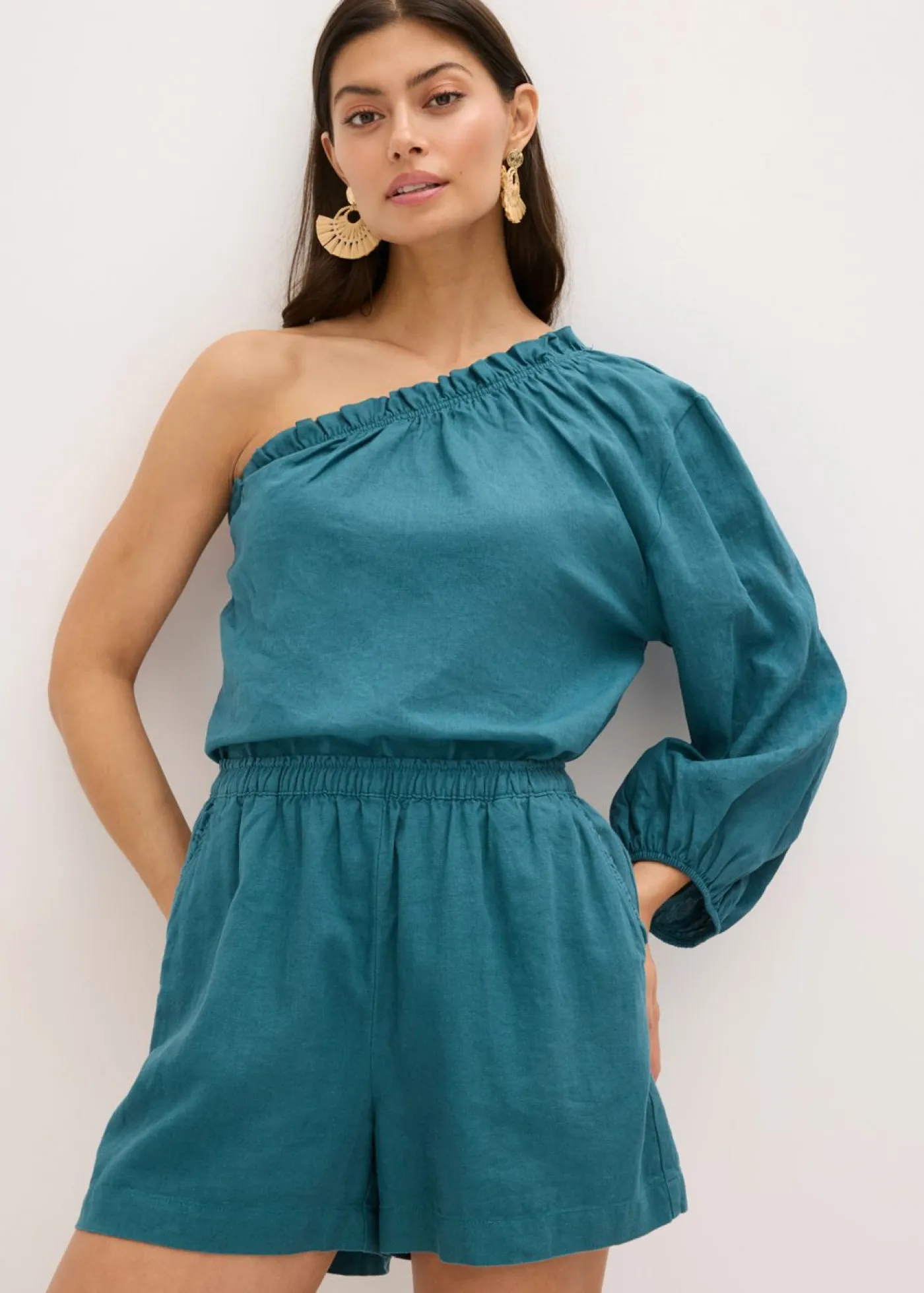 New Blusa con un hombro al descubierto y contenido de lino Mujer Camisas Y Blusas