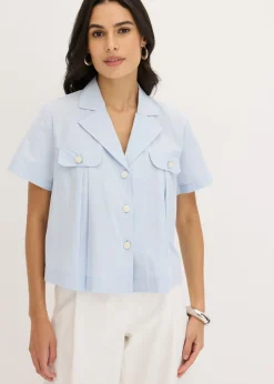 Blusa corta de popelín de algodón con manga corta Mujer Camisas Y Blusas