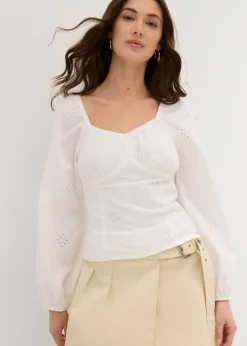 Clearance Blusa de algodón puro con bordado calado Mujer Camisas Y Blusas