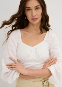 Clearance Blusa de algodón puro con bordado calado Mujer Camisas Y Blusas