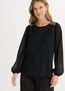 Online Blusa de gasa con adornos de piedras brillantes Mujer Camisas Y Blusas|Ropa Elegante