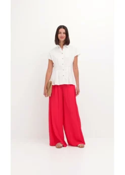 Best Blusa de manga corta de mezcla de lino vaporoso Mujer Camisas Y Blusas