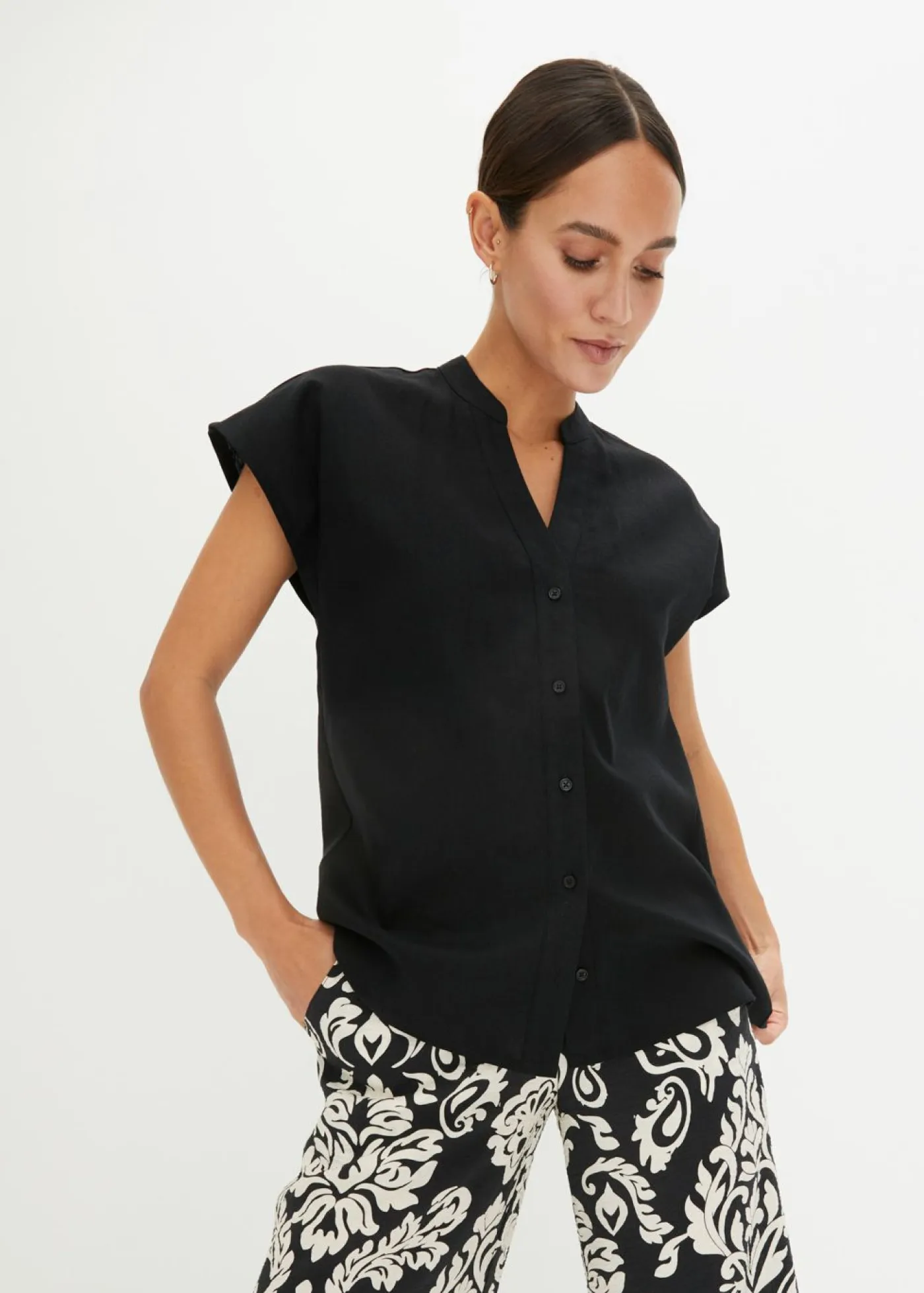 Discount Blusa de manga corta de mezcla de lino vaporoso Mujer Camisas Y Blusas
