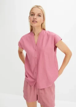 Discount Blusa de manga corta de mezcla de lino vaporoso Mujer Camisas Y Blusas