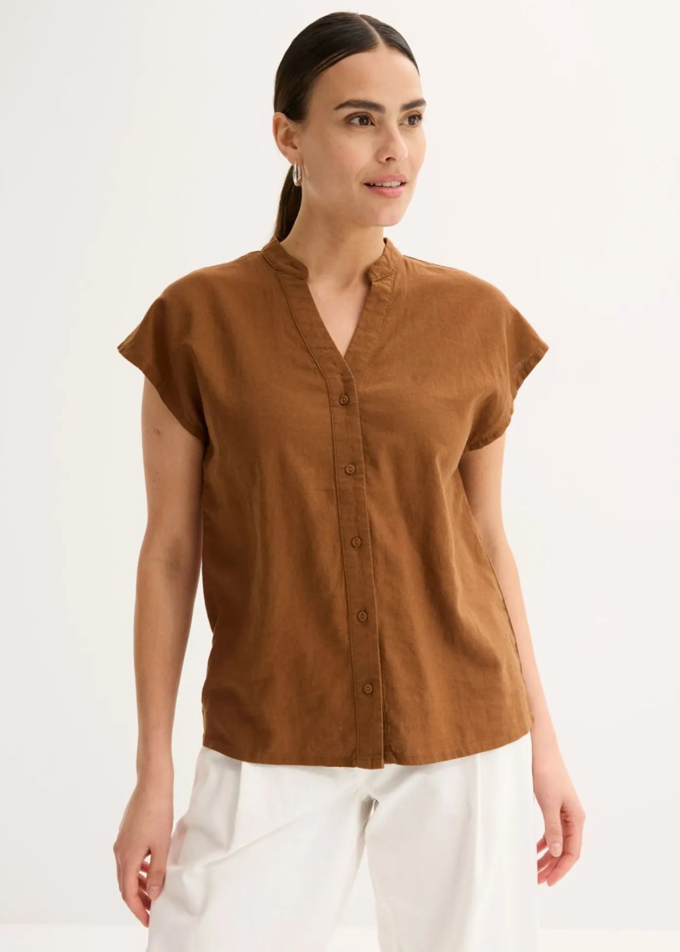Discount Blusa de manga corta de mezcla de lino vaporoso Mujer Camisas Y Blusas