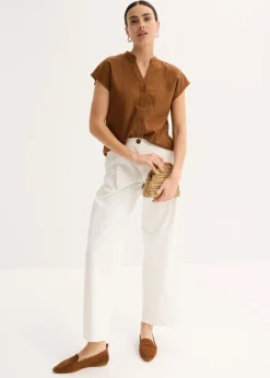 Discount Blusa de manga corta de mezcla de lino vaporoso Mujer Camisas Y Blusas