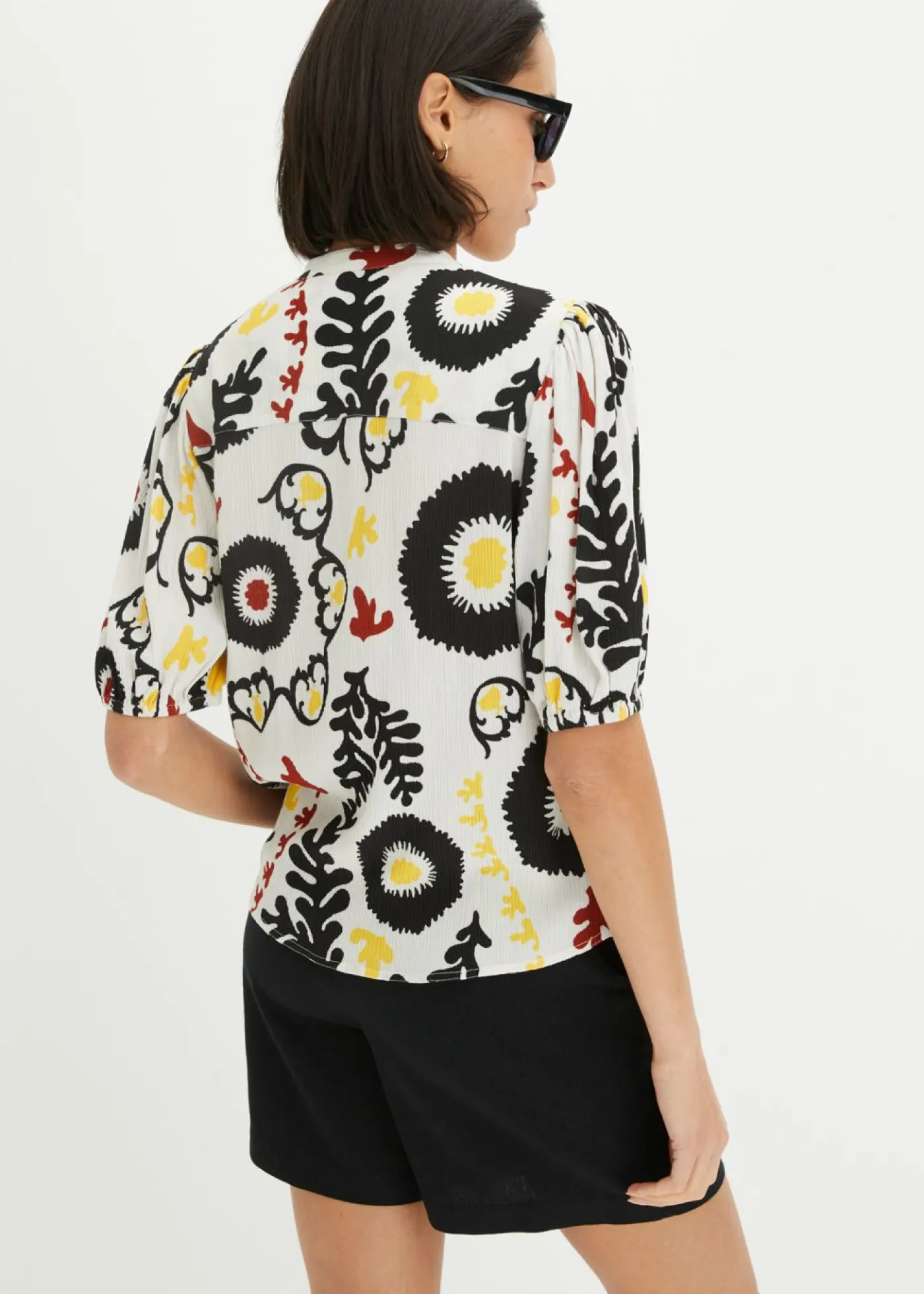 Blusa de manga corta de viscosa fluida con detalle de nido de abeja Mujer Camisas Y Blusas
