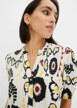 Blusa de manga corta de viscosa fluida con detalle de nido de abeja Mujer Camisas Y Blusas