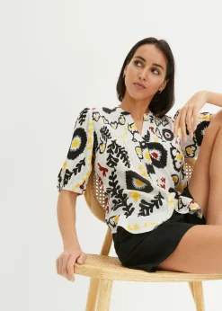 Blusa de manga corta de viscosa fluida con detalle de nido de abeja Mujer Camisas Y Blusas