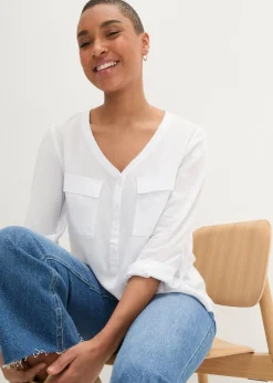 Sale Blusa de manga larga con escote en V de viscosa fluida Mujer Camisas Y Blusas