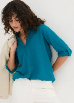 Outlet Blusa de mangas 3/4 con lino Mujer Camisas Y Blusas|Novedades