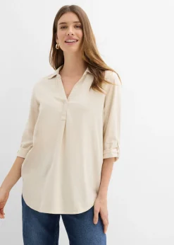 Blusa de mangas 3/4 con lino Mujer Camisas Y Blusas|Novedades