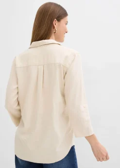 Blusa de mangas 3/4 con lino Mujer Camisas Y Blusas|Novedades