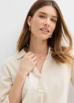 Blusa de mangas 3/4 con lino Mujer Camisas Y Blusas|Novedades