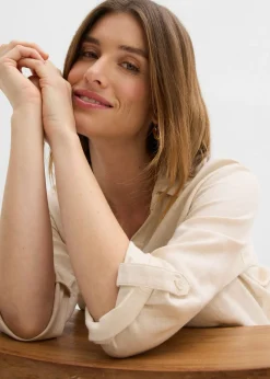Blusa de mangas 3/4 con lino Mujer Camisas Y Blusas|Novedades