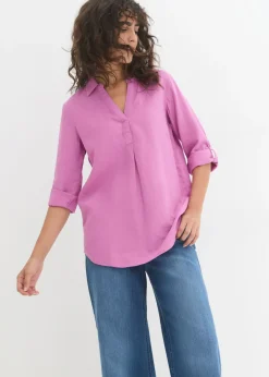 New Blusa de mangas 3/4 con lino Mujer Camisas Y Blusas|Novedades
