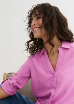 New Blusa de mangas 3/4 con lino Mujer Camisas Y Blusas|Novedades