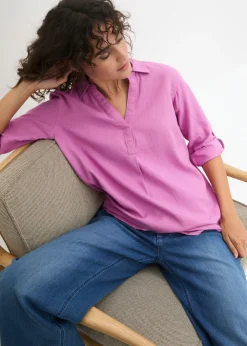 New Blusa de mangas 3/4 con lino Mujer Camisas Y Blusas|Novedades