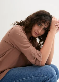Online Blusa de mangas 3/4 con lino Mujer Camisas Y Blusas|Novedades