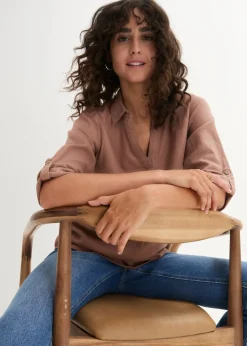 Online Blusa de mangas 3/4 con lino Mujer Camisas Y Blusas|Novedades