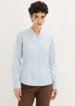 Blusa elástica de popelín con cuello chimenea y ligera transparencia Mujer Camisas Y Blusas