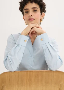 Blusa elástica de popelín con cuello chimenea y ligera transparencia Mujer Camisas Y Blusas