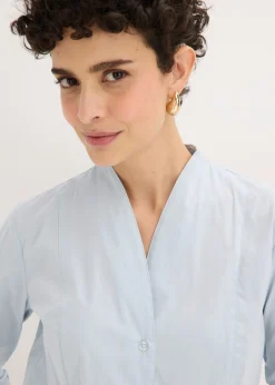 Blusa elástica de popelín con cuello chimenea y ligera transparencia Mujer Camisas Y Blusas