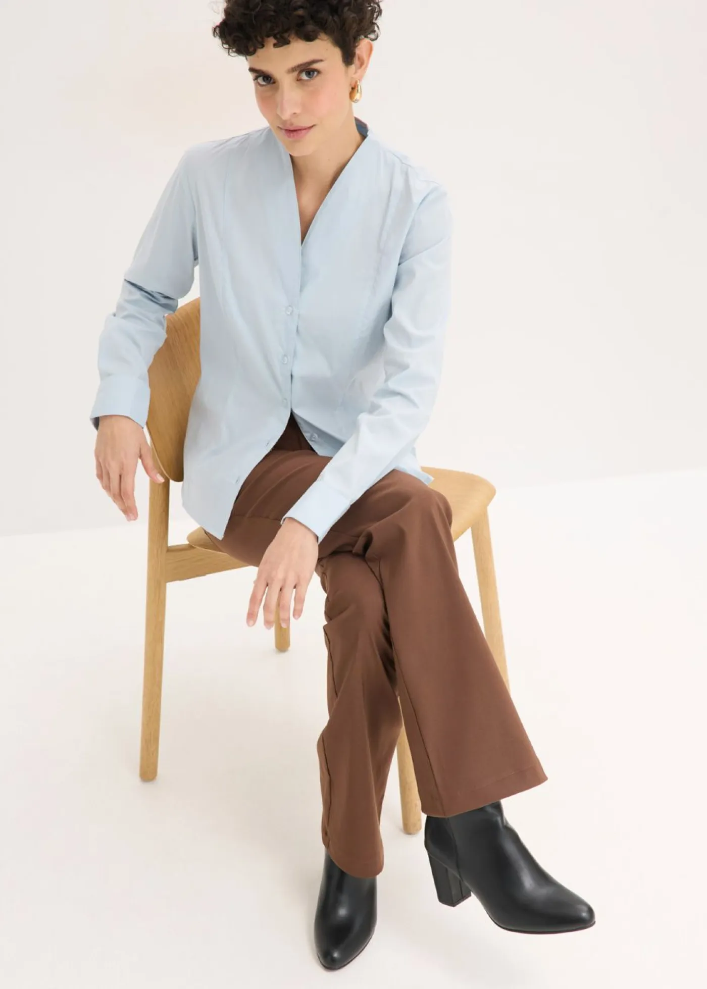 Blusa elástica de popelín con cuello chimenea y ligera transparencia Mujer Camisas Y Blusas
