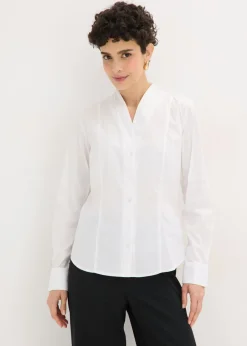 Sale Blusa elástica de popelín con cuello chimenea y ligera transparencia Mujer Camisas Y Blusas