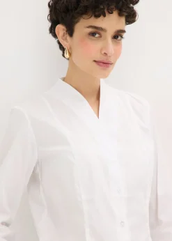 Sale Blusa elástica de popelín con cuello chimenea y ligera transparencia Mujer Camisas Y Blusas