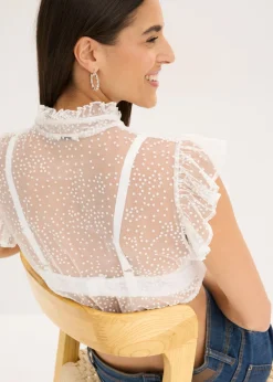 Clearance Blusa tirolesa de tul delicado con estampado de lunares Mujer Camisas Y Blusas