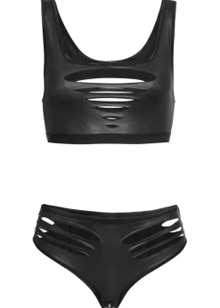 Clearance Bustier + braga con abertura de diseño mojado (2 piezas) Mujer Lencería Sexy
