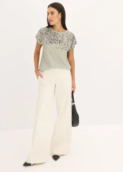 New Camiseta con inserto de malla y piedras brillantes Mujer Camisetas