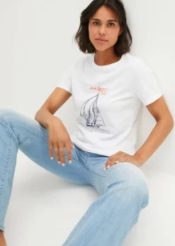 Sale Camiseta de algodón con abertura lateral y estampado Mujer Camisetas