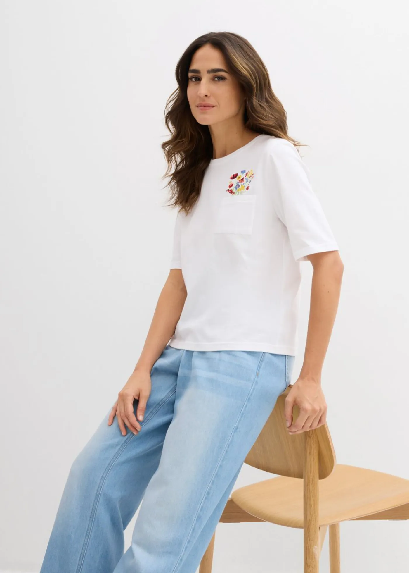 New Camiseta de algodón orgánico puro con bordado Mujer Camisetas