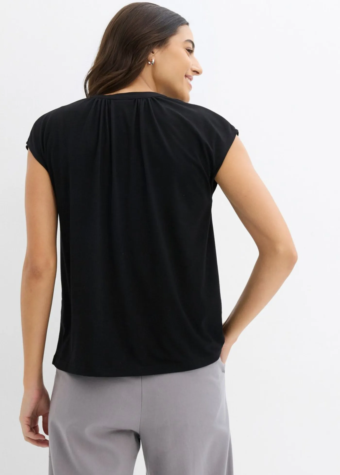 Best Camiseta de manga corta con escote henley de mezcla de viscosa Mujer Camisetas