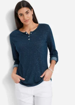 Discount Camiseta de mezcla de algodón con manga larga y botones Mujer Camisetas