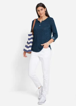 Discount Camiseta de mezcla de algodón con manga larga y botones Mujer Camisetas