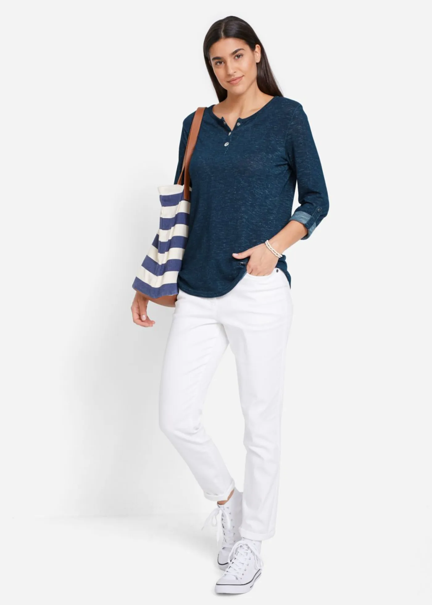 Discount Camiseta de mezcla de algodón con manga larga y botones Mujer Camisetas